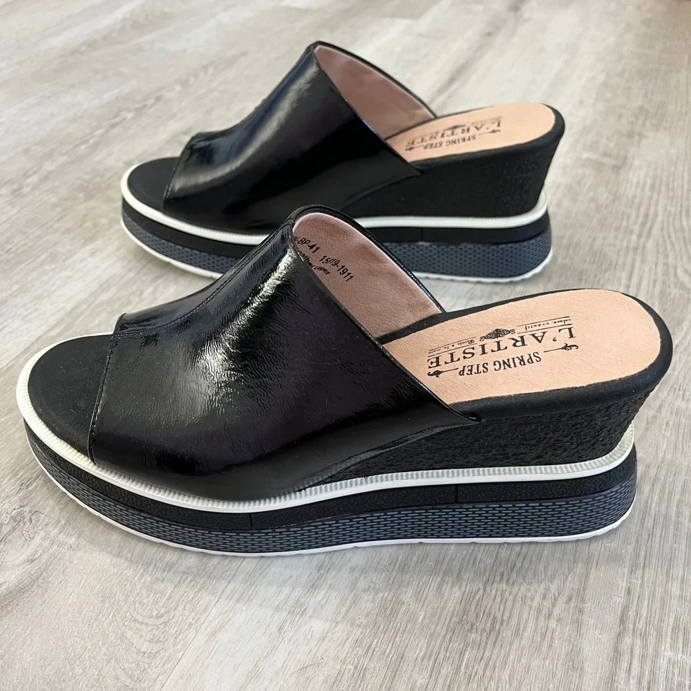 L'Artiste by Spring Step Allurin Platform Slide Sandals Black Wedding Sz 41 NWOT